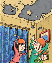 Weak ceiling has family wearing helmets at home