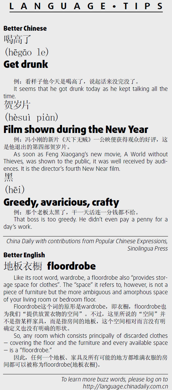 喝高了 get drunk；賀歲片　film shown during the New Year