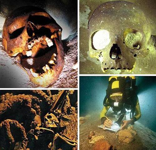 沉船遺骸 探秘不為人知的海底墳?zāi)?/></p>

<p>　　上圖中這個恐怖的骷髏頭是海底考古學(xué)家在墨西哥附近海域，發(fā)現(xiàn)的被瑪雅人當(dāng)做祭品處死的人類遺骸，與它一起被發(fā)現(xiàn)的還有另外18具人類骸骨。左下角這張圖片中，一具幾乎完整的人類尸骨被發(fā)現(xiàn)躺在一艘沉船船頭附近的錨上。這艘船是La Belle號，于1686年在得克薩斯州附近海域沉沒。右下角是一具在墨西哥海底洞穴中發(fā)現(xiàn)的女性骷髏，她生活在距今1.36萬年前，是在美洲發(fā)現(xiàn)的年代最為久遠(yuǎn)的人類尸骨。</p>
</p>
</div>
</div>

<div   class=