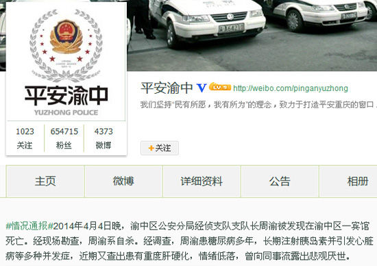 重慶渝中區經偵支隊長在賓館死亡 警方稱系自殺(圖)