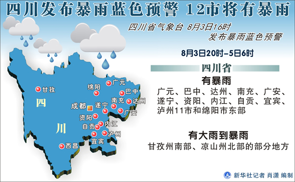 四川發布暴雨藍色預警 12市將有暴雨