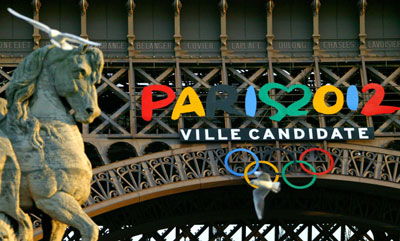 Eiffel Tower bearing the colourful logo of Paris 2012