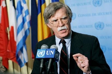 U.S. ambassador John Bolton seen speaking to the media before the United Nations Security Council meeting in New York City in this December 13, 2005 file photo.