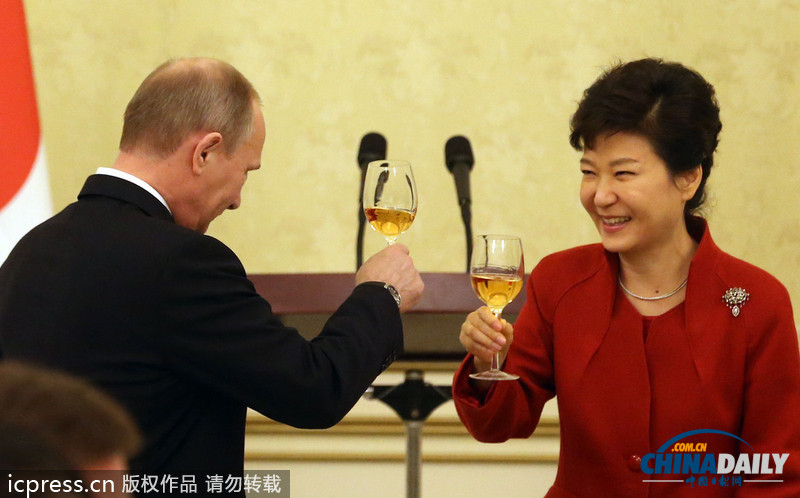 普京訪(fǎng)韓與樸槿惠干杯 兩位單身總統(tǒng)“擦出火花”（組圖）