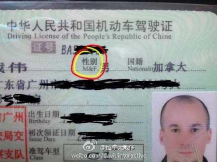 老外稱(chēng)中國(guó)駕照多處翻譯錯(cuò)誤 性別成雌雄同體