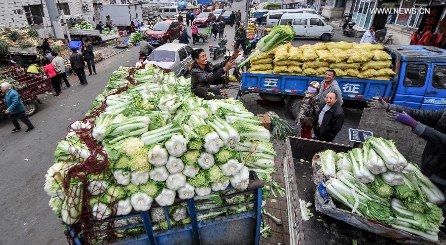 People in N China busy with stocking vegetables before winter season
