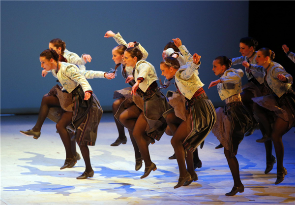 Dancers from the Hungarian State Folk Ensemble perform during the dress rehearsal of their new show 'Song of the Stag' at the Budapest Dance festival, April 26, 2013. Budapest Dance festival
