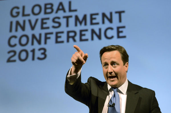 Britain's Prime Minister David Cameron speaks at the Global Investment Conference 2013 in London, May 9, 2013. Cameron's first US trip since Obama re-elected